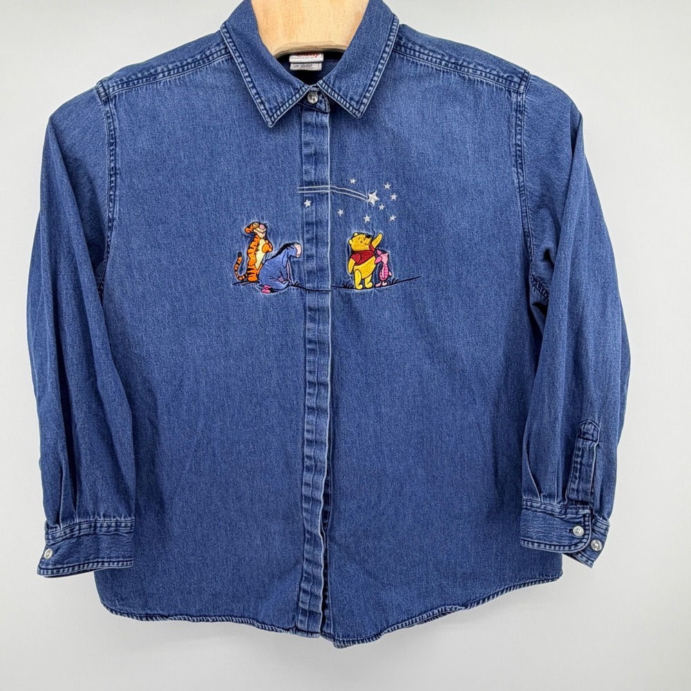 Disney Store Winnie the Pooh Denim Shirt Womens XXL Blue Embroidered Shirt VTG